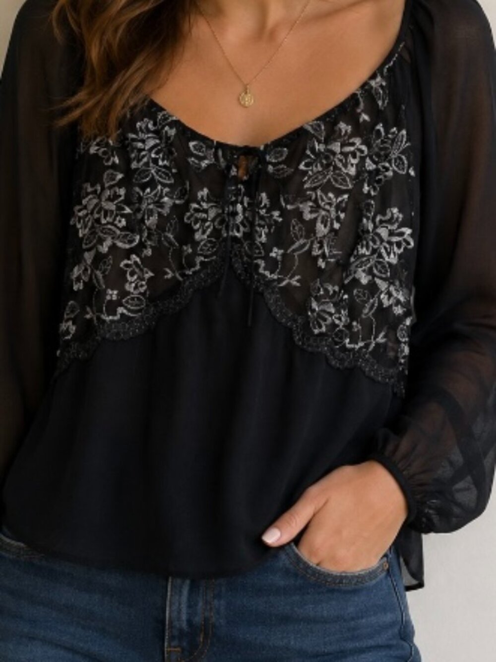 The Limited | Sheer Black Lace Detail Blouse
